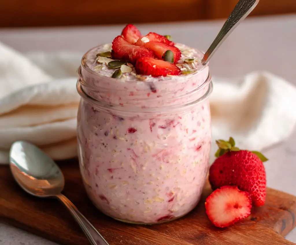 Creamy strawberry overnight oats topped with fresh strawberries and chia seeds for a healthy breakfast.