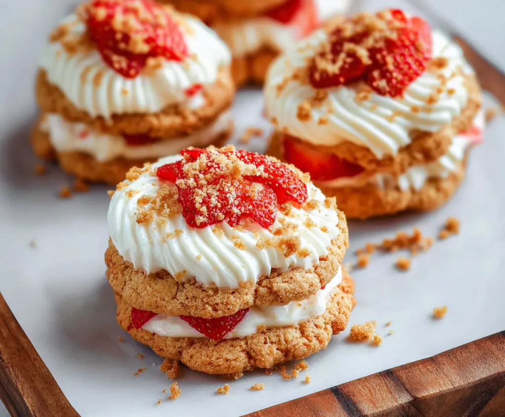 Delicious strawberry shortcake cookies with fresh strawberries and whipped cream on a plate.