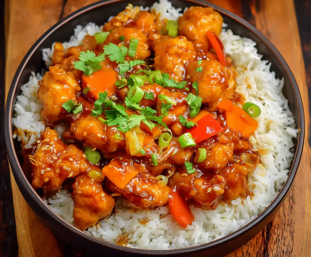 Delicious sweet and sour chicken served with colorful vegetables on a plate.