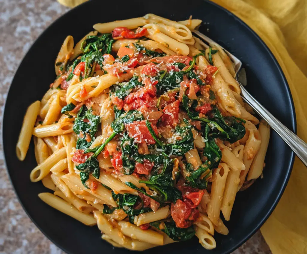 Delicious tomato and spinach pasta served on a white plate, fresh ingredients ready to eat.