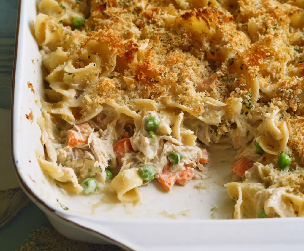 Hearty tuna noodle casserole baked with creamy sauce and melted cheese, served in a casserole dish.