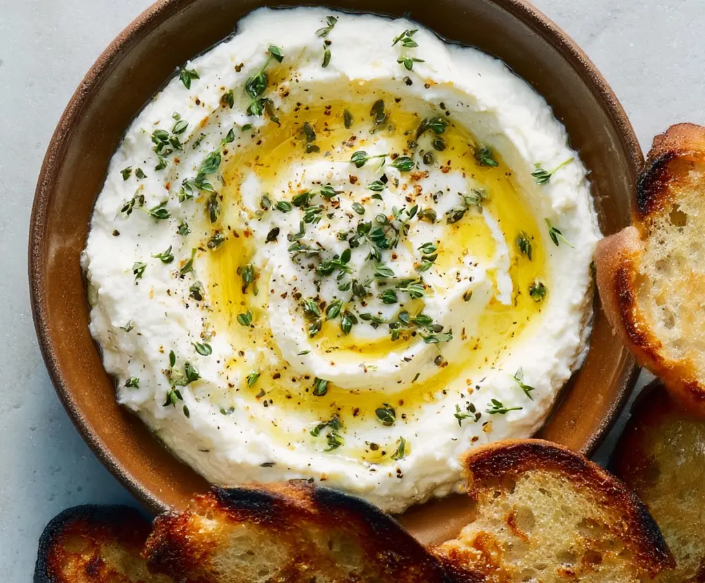 Creamy whipped ricotta dip drizzled with honey, perfect for snacks and appetizers.