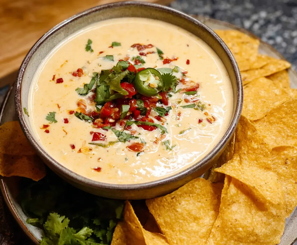 Creamy white queso dip served with tortilla chips, perfect for parties and snacks.