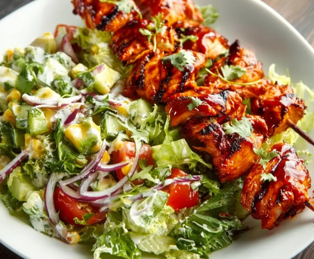 Grilled BBQ chicken skewers served on a fresh salad with vegetables and herbs.