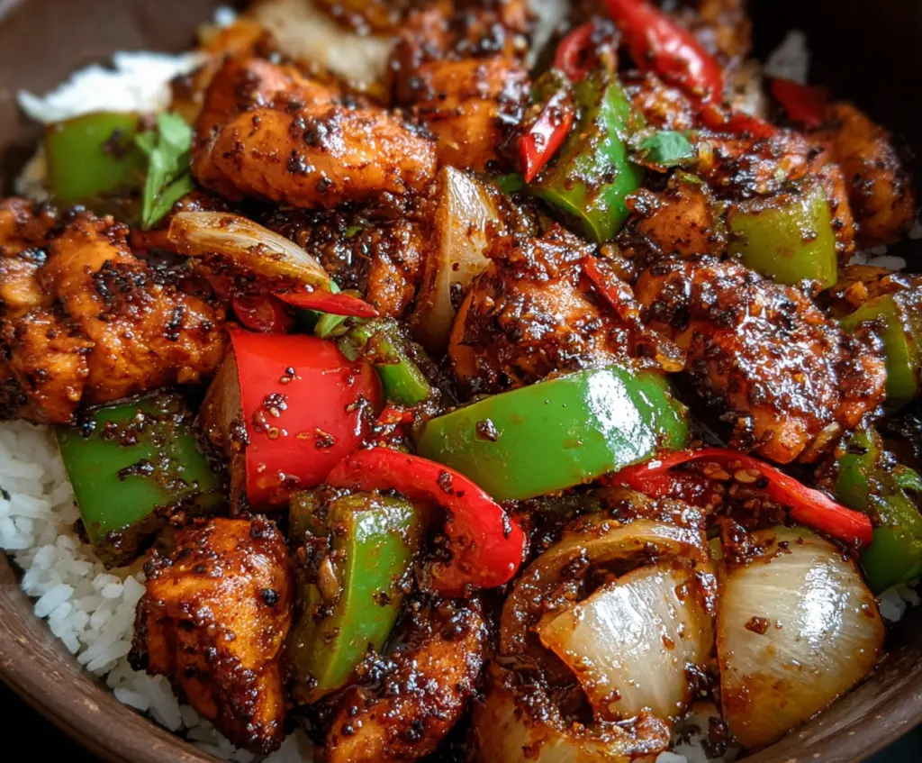 Savory black pepper chicken served on a plate with fresh vegetables
