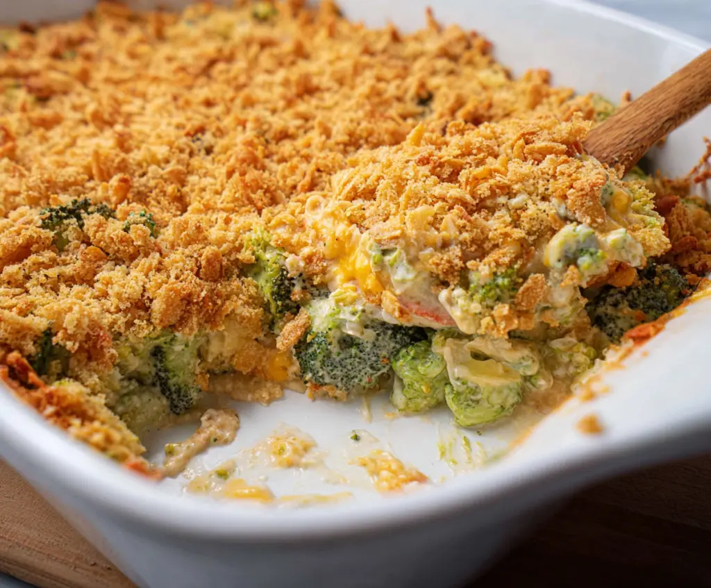 Delicious broccoli casserole topped with crispy Ritz crackers in a baking dish.
