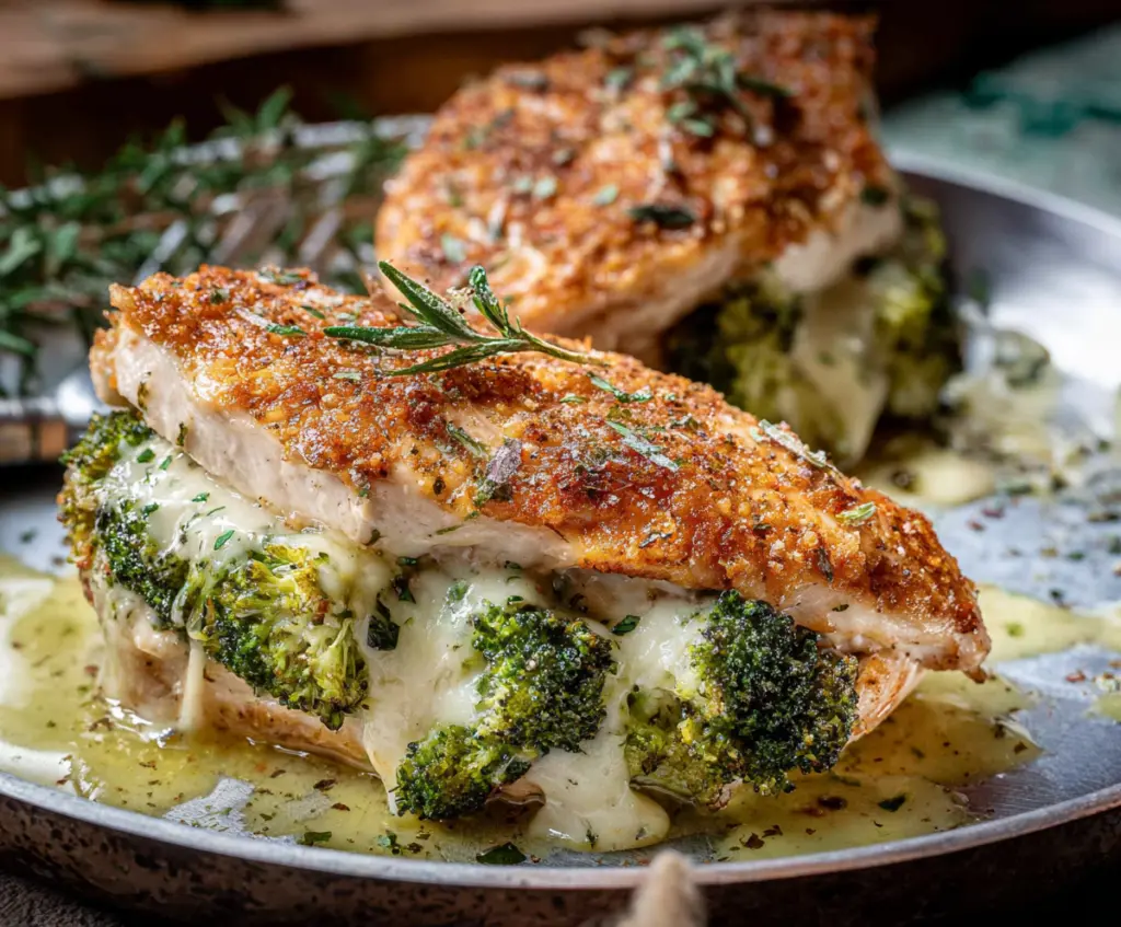 Delicious broccoli stuffed chicken breast dish with melted cheese and fresh vegetables.