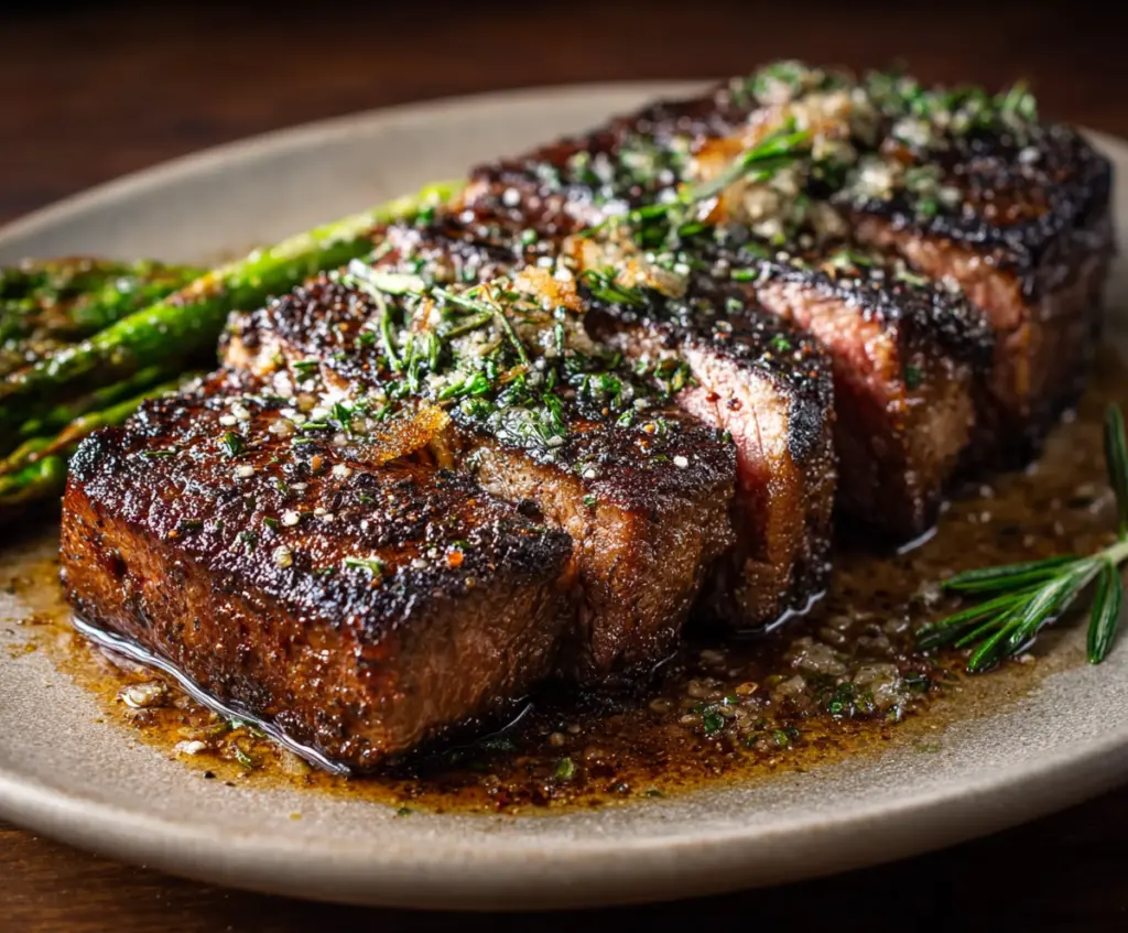Juicy steak topped with brown butter and fresh herbs, ready to serve.