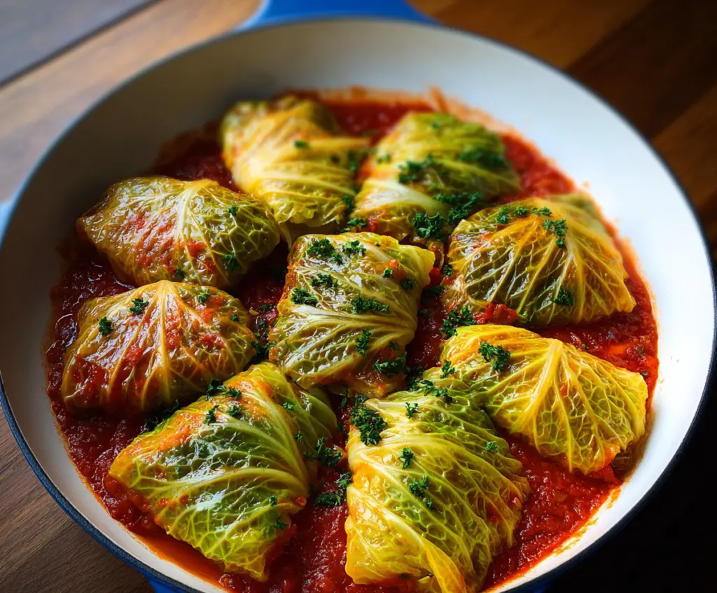Delicious homemade cabbage rolls stuffed with seasoned meat and rice, served on a plate.