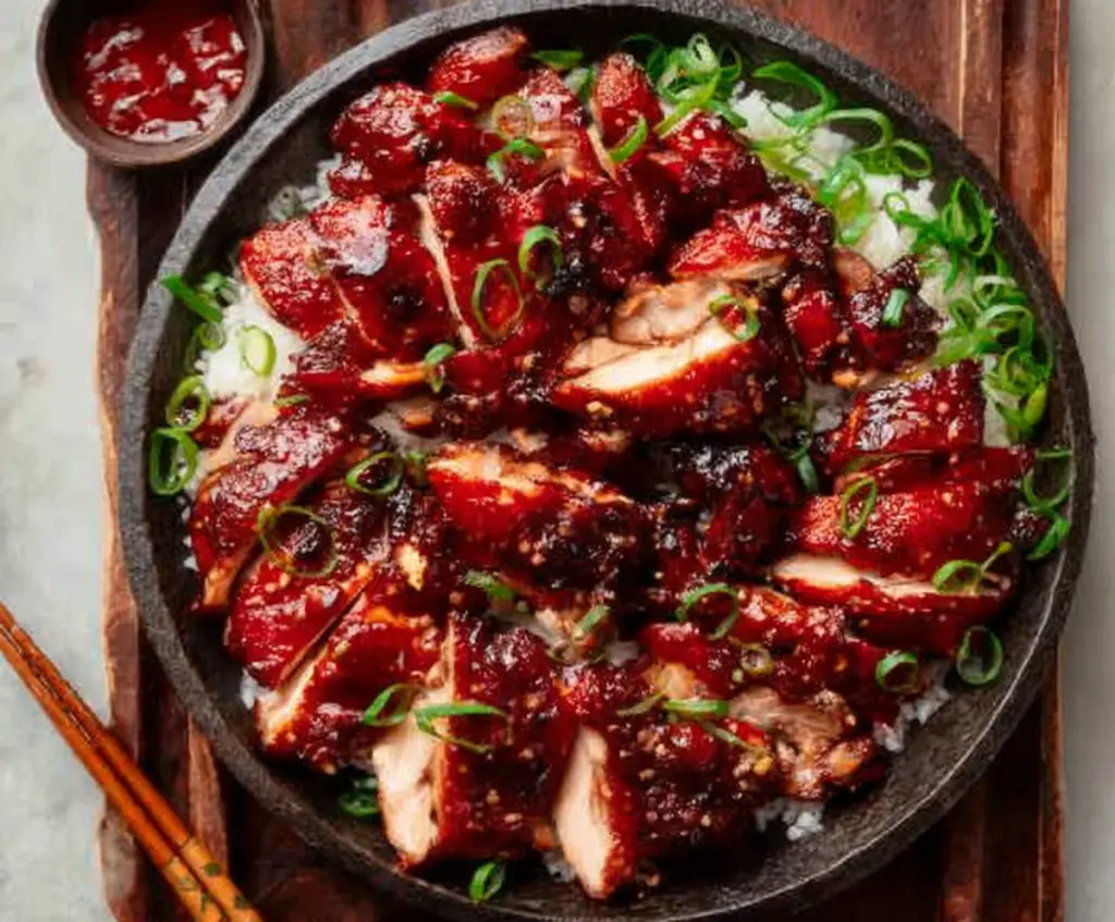 Delicious Char Siu Chicken with glossy glaze and tender meat served on a plate