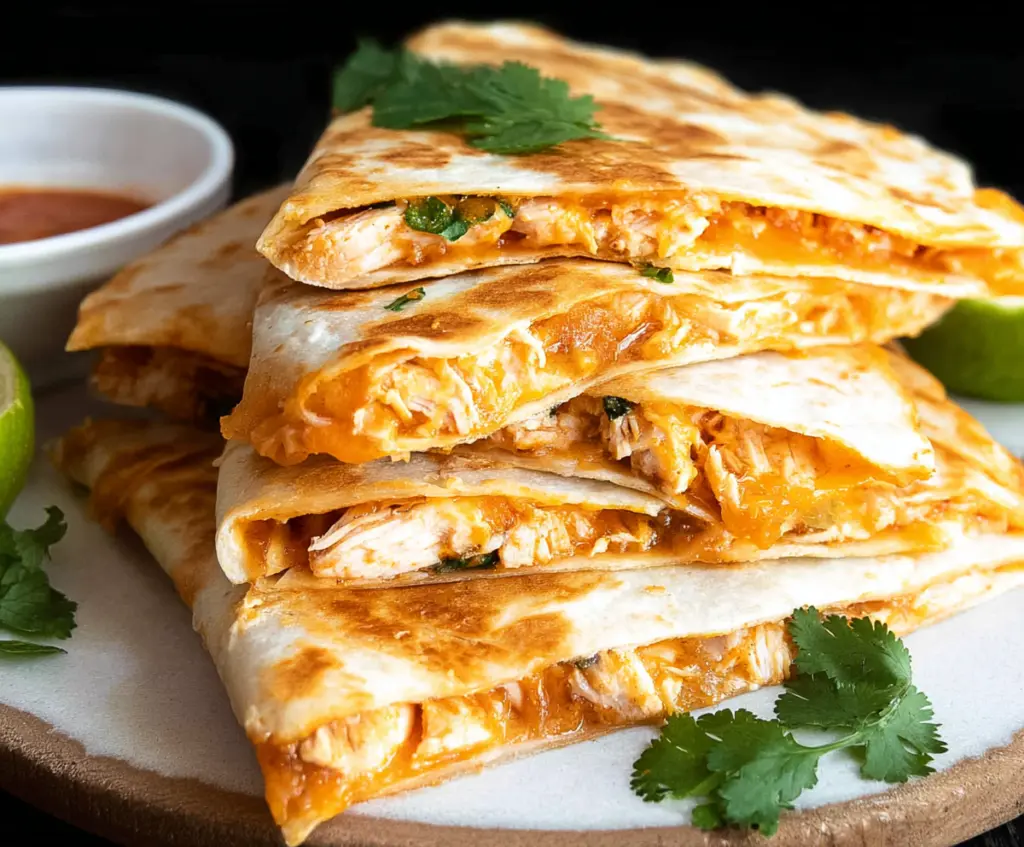 Delicious cheesy chicken quesadillas with melted cheese and golden tortilla, perfect for a quick snack or meal.