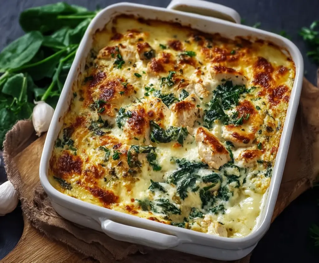 Delicious chicken and spinach casserole baked to perfection, highlighting a hearty and healthy meal.