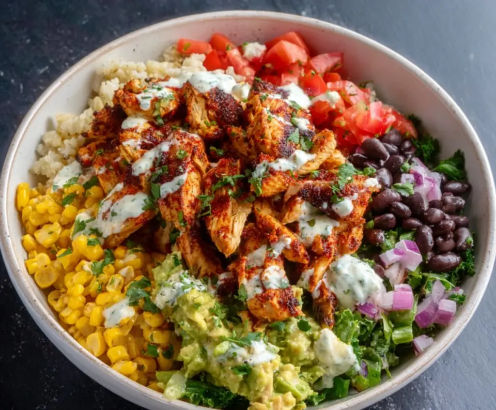 Delicious chicken burrito bowls with fresh vegetables and toppings, perfect for a healthy meal.