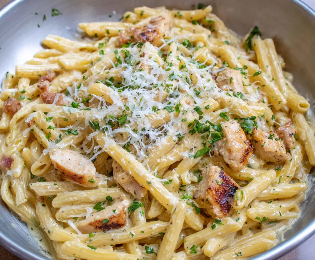 Delicious chicken carbonara pasta with creamy sauce and crispy bacon serving as a savory Italian dish.