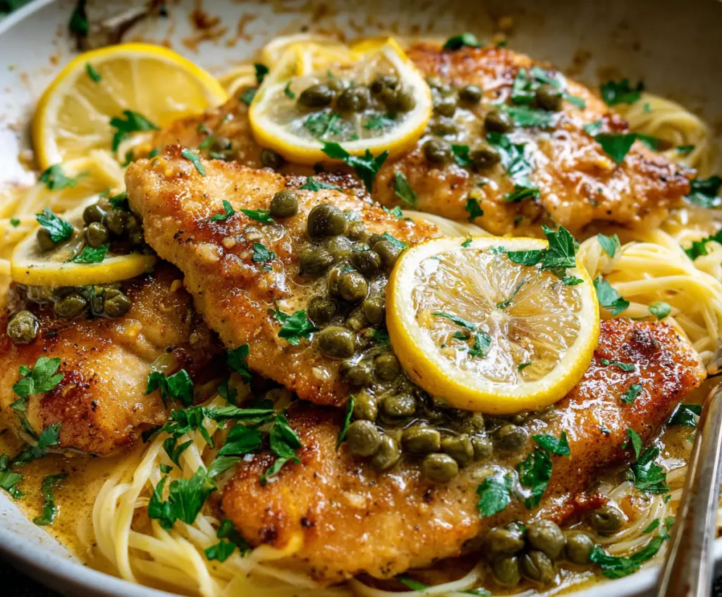 Delicious Chicken Piccata served with lemon and capers on a white plate.
