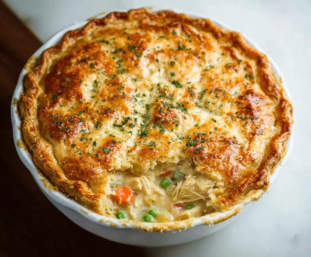 Delicious homemade chicken pot pie with golden crust and hearty filling