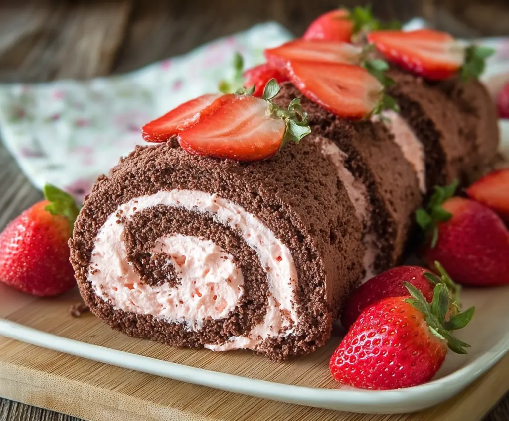 Delicious chocolate rolls topped with rich strawberry cream cheese frosting, perfect for dessert or special occasions.