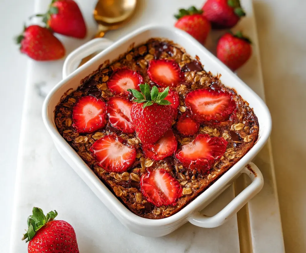 Delicious chocolate strawberry baked oatmeal served in a white bowl, garnished with fresh strawberries and chocolate shavings.
