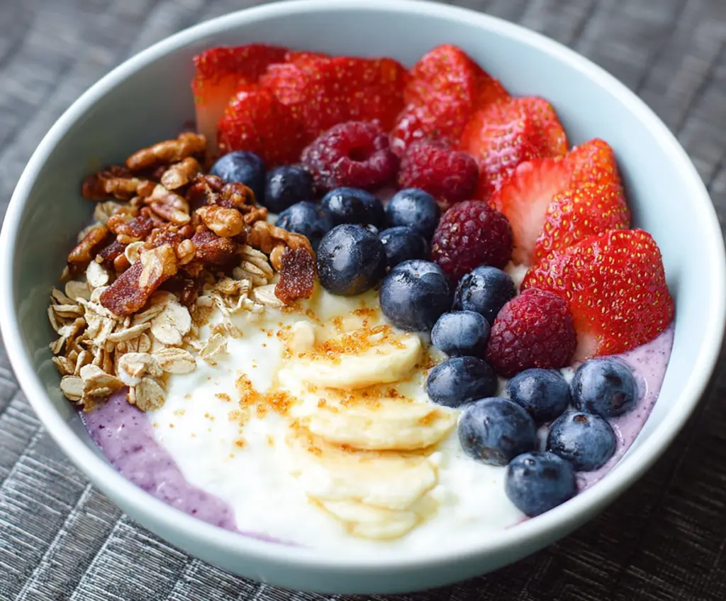 Creamy cottage cheese breakfast bowl with fresh fruit and honey for a healthy morning meal.