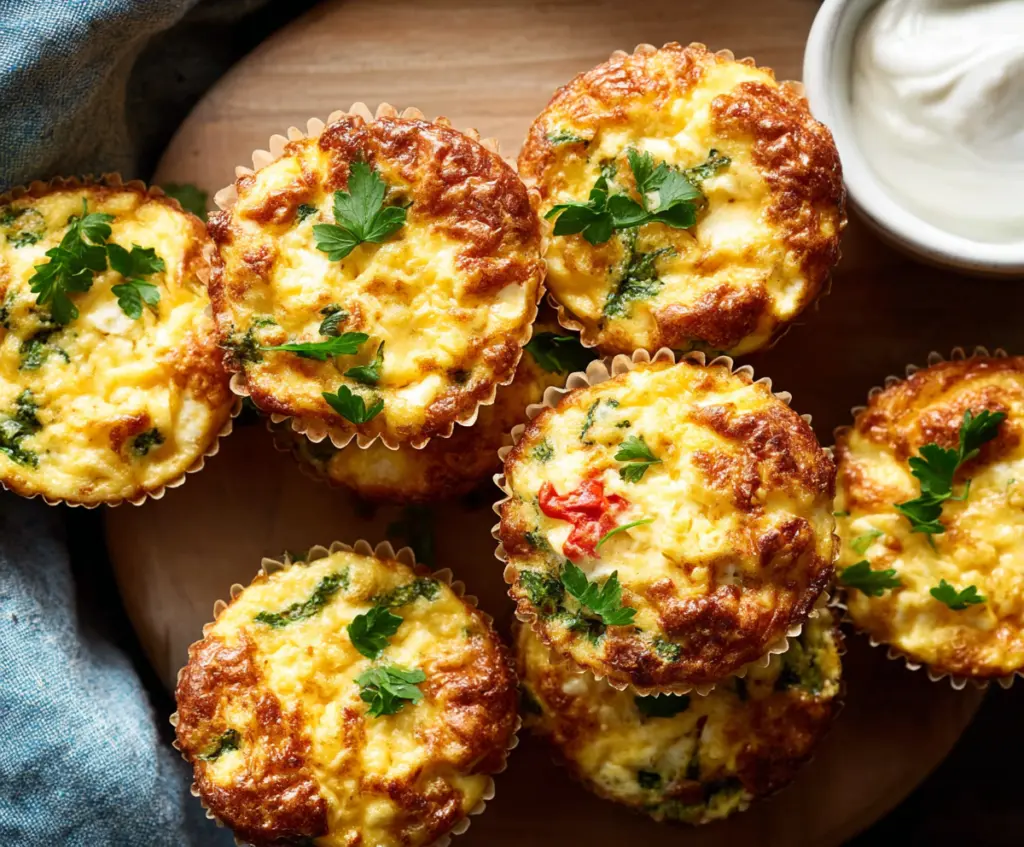 Healthy cottage cheese breakfast muffins with fresh herbs and vegetables.