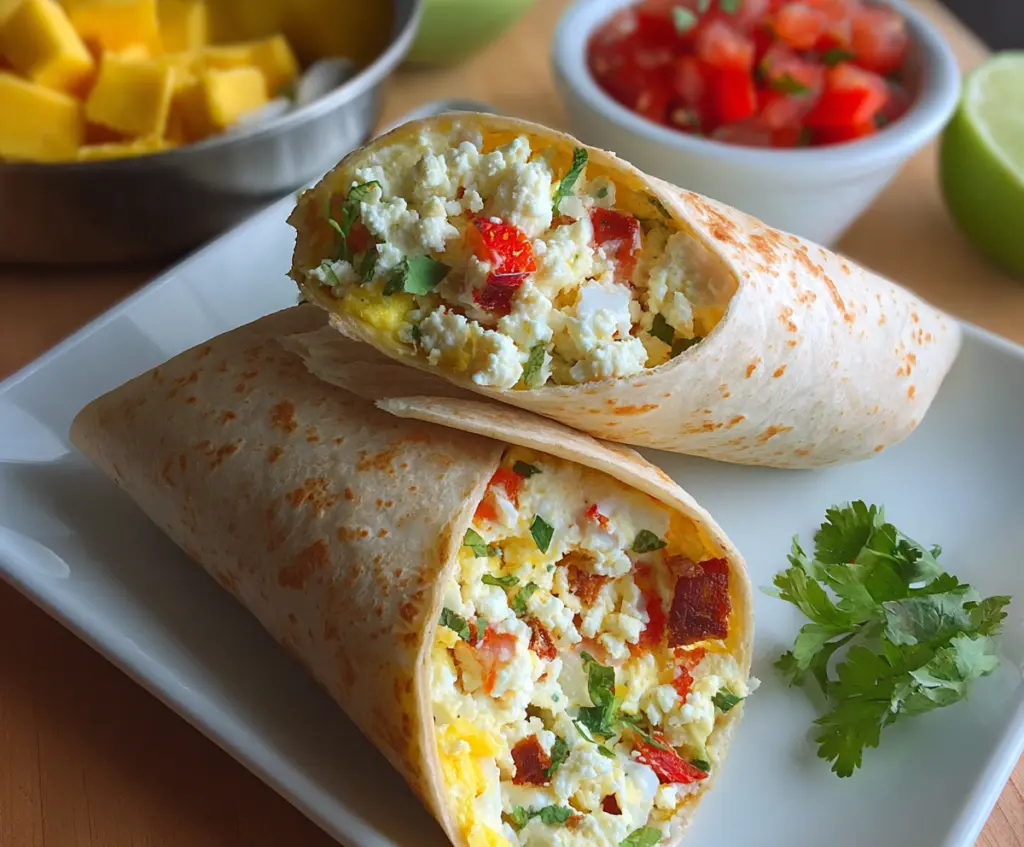 Healthy cottage cheese breakfast wrap with fresh vegetables and whole wheat tortilla.