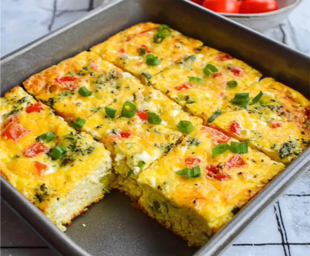 Delicious Cottage Cheese Egg Bake with golden crust and fresh herbs in a baking dish.
