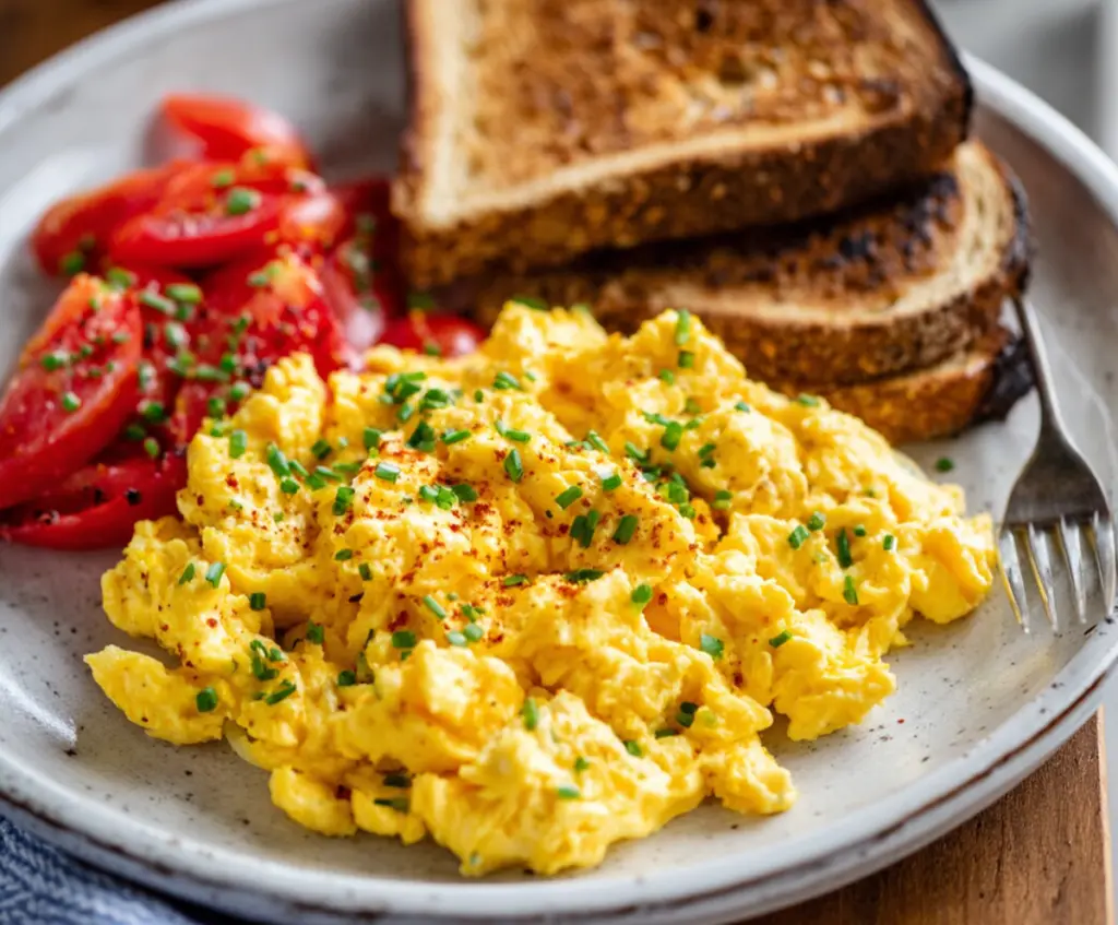 Healthy cottage cheese scrambled eggs in a bowl, perfect for a protein-rich breakfast.