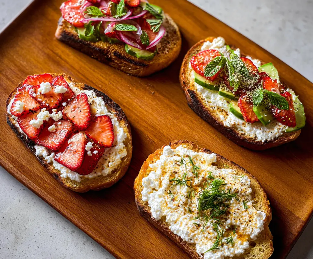 Delicious cottage cheese toast topped with fresh herbs and sliced vegetables for a healthy breakfast.