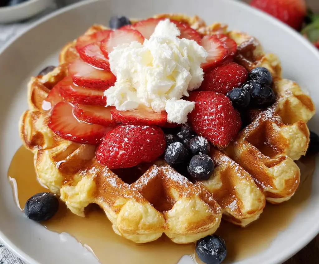 Delicious homemade cottage cheese waffles topped with fresh berries and syrup