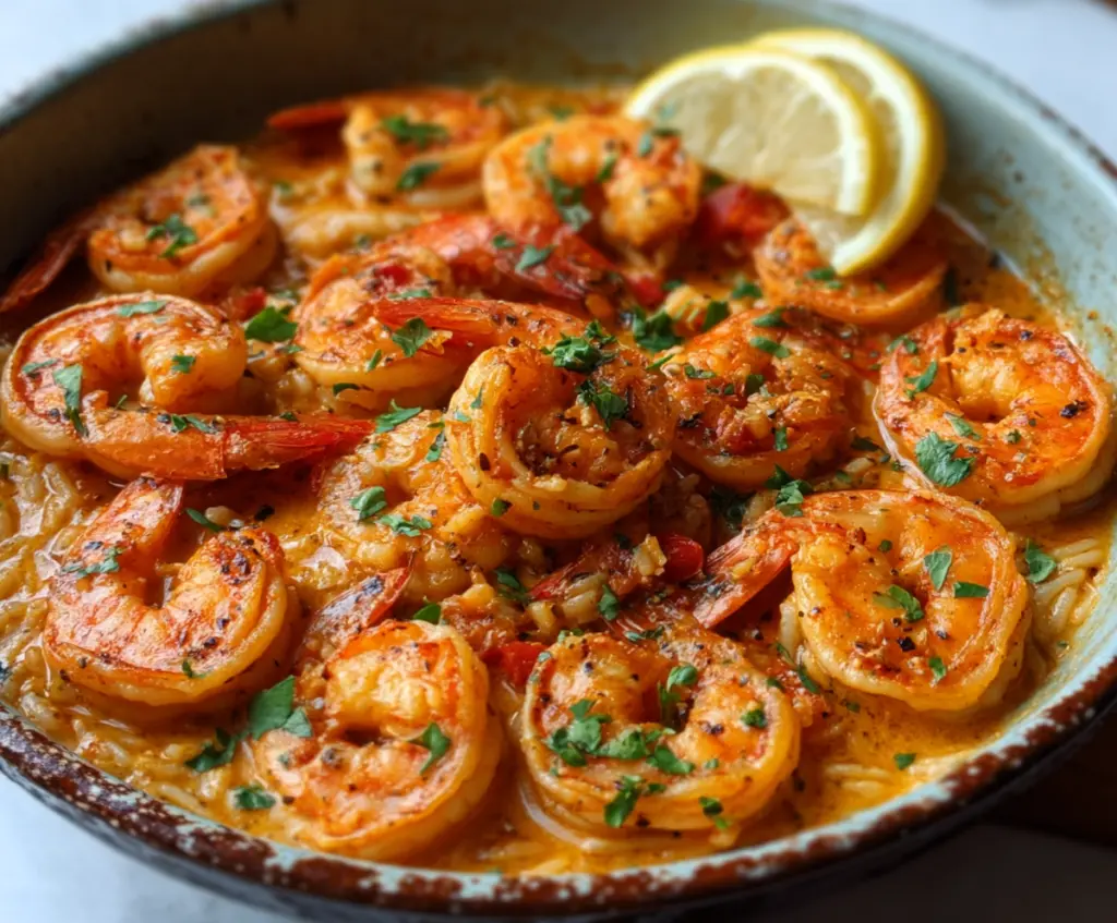 Delicious creamy garlic and paprika shrimp skillet served on a plate, garnished with fresh herbs.