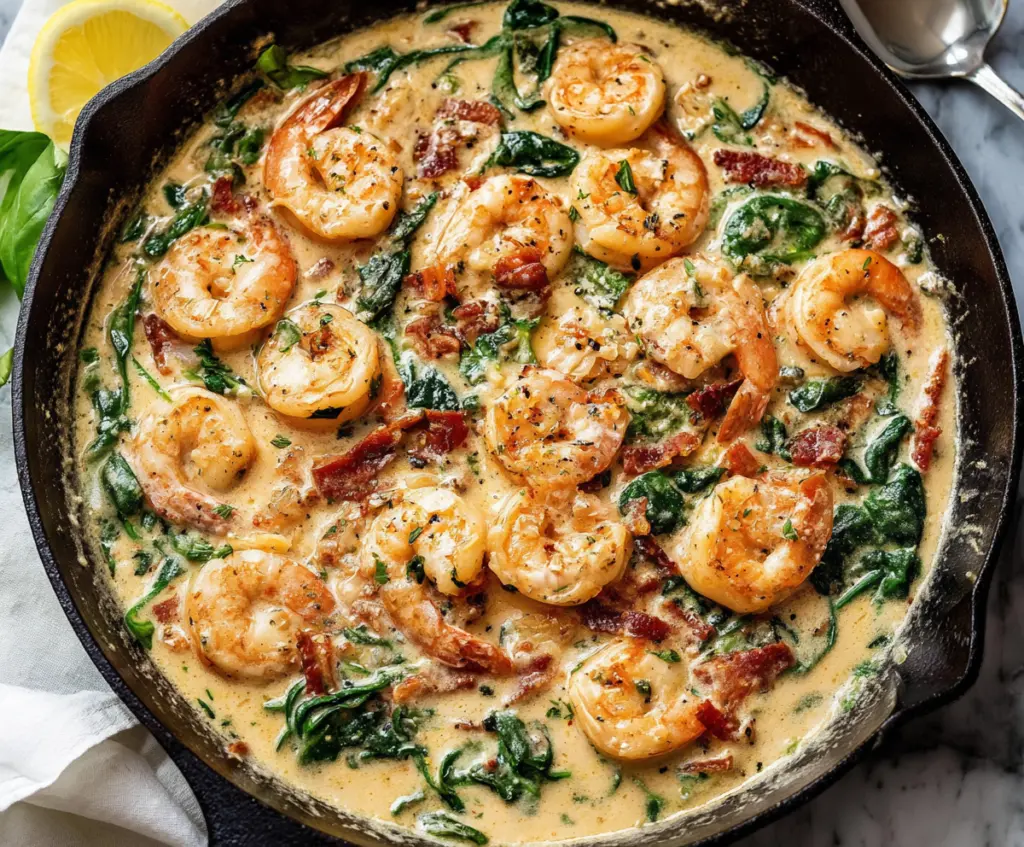 Delicious creamy Tuscan shrimp dish with fresh herbs and garlic served on a plate.