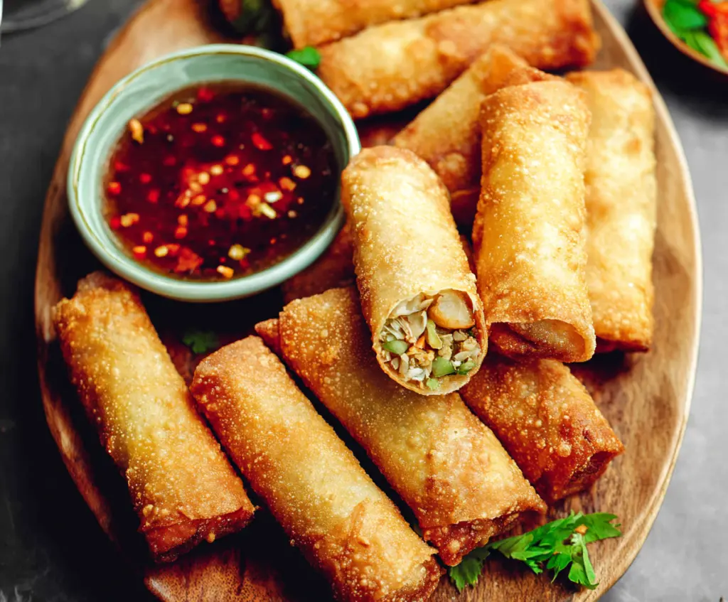 Crispy spring rolls with fresh vegetables served on a white plate