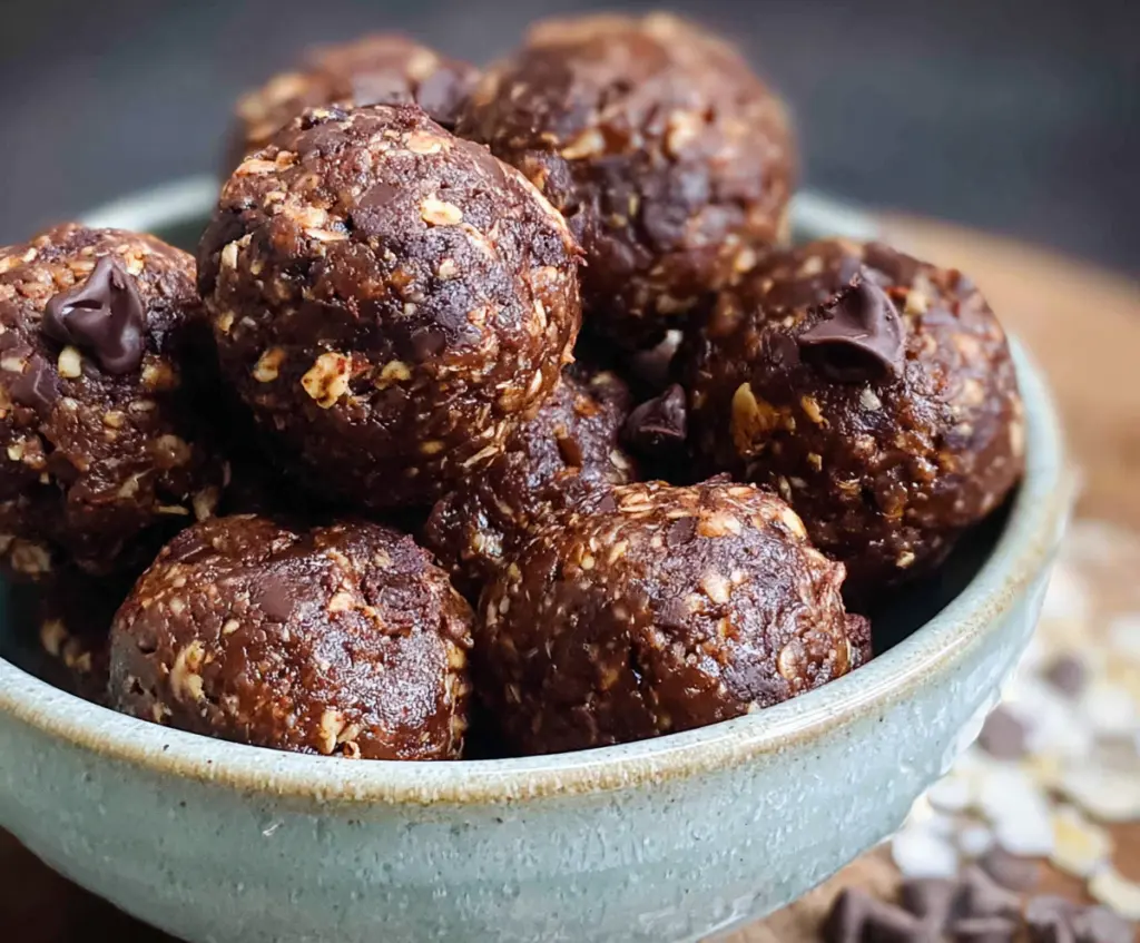 Delicious dark chocolate energy bites on a plate, perfect for a healthy snack and energy boost.