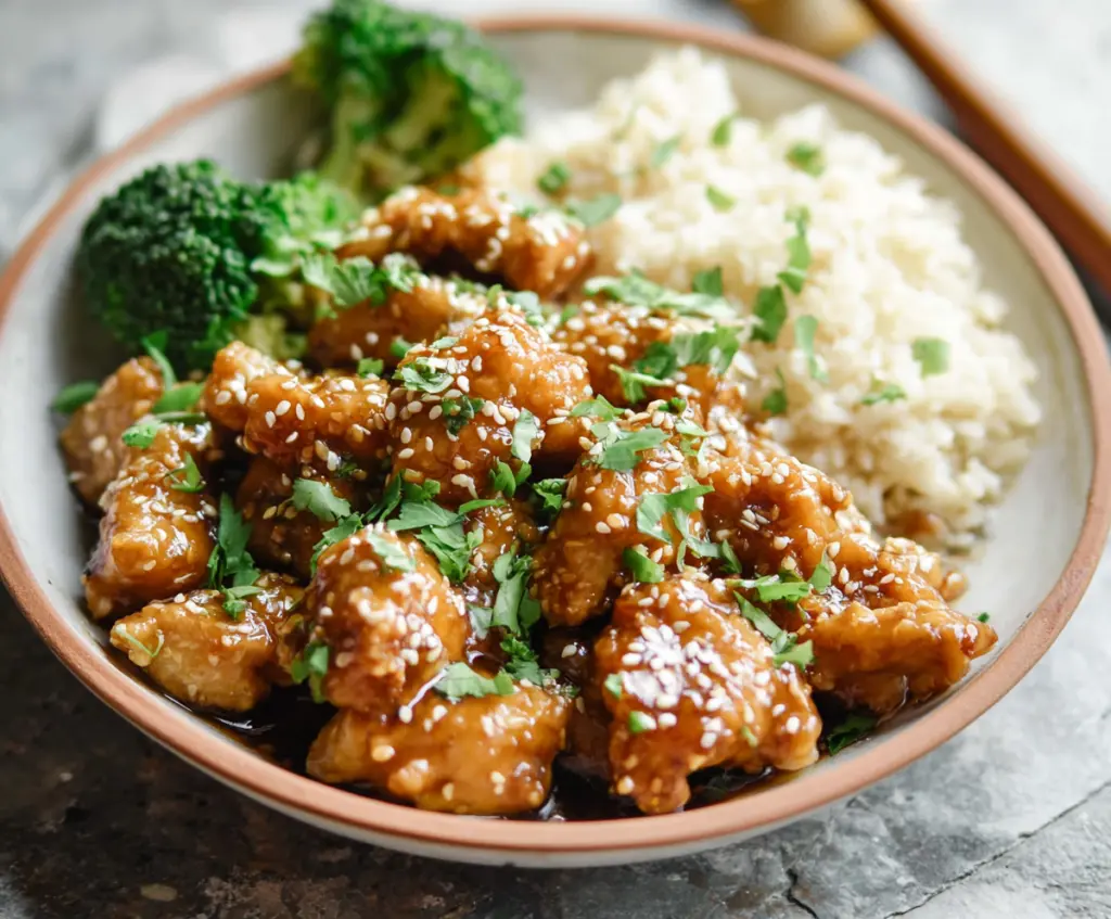 Delicious healthy sesame chicken garnished with sesame seeds and green onions on a white plate.