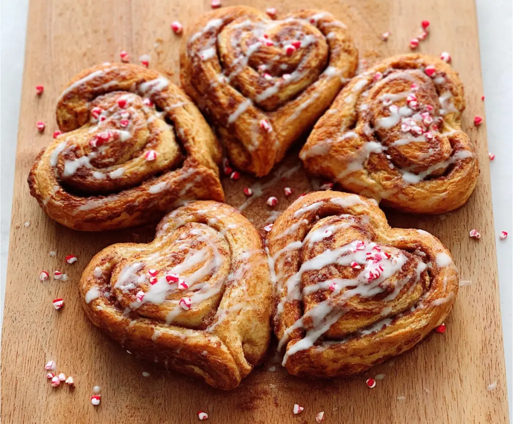 Delicious heart-shaped cinnamon rolls fresh out of the oven, topped with icing and served on a rustic wooden table.