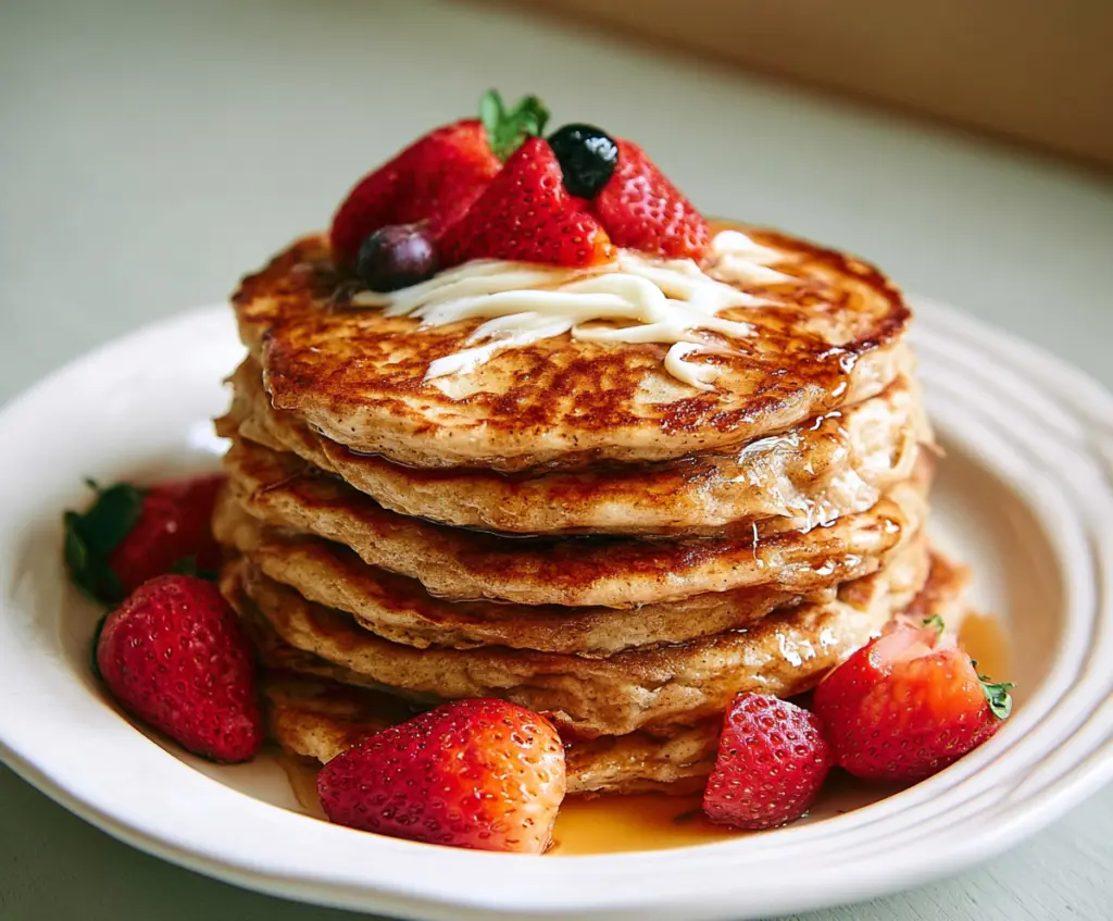 Delicious high-protein cottage cheese pancakes served with fresh berries on a white plate.