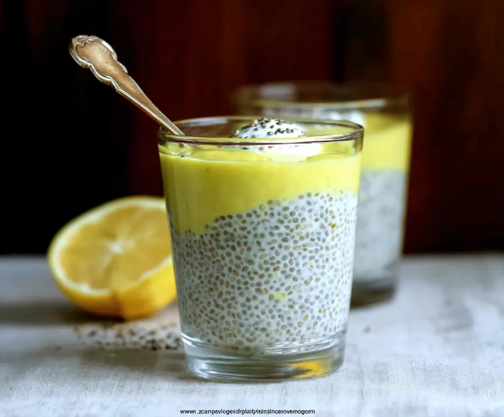 Creamy lemon chia pudding topped with fresh lemon slices and mint, a healthy and refreshing dessert.