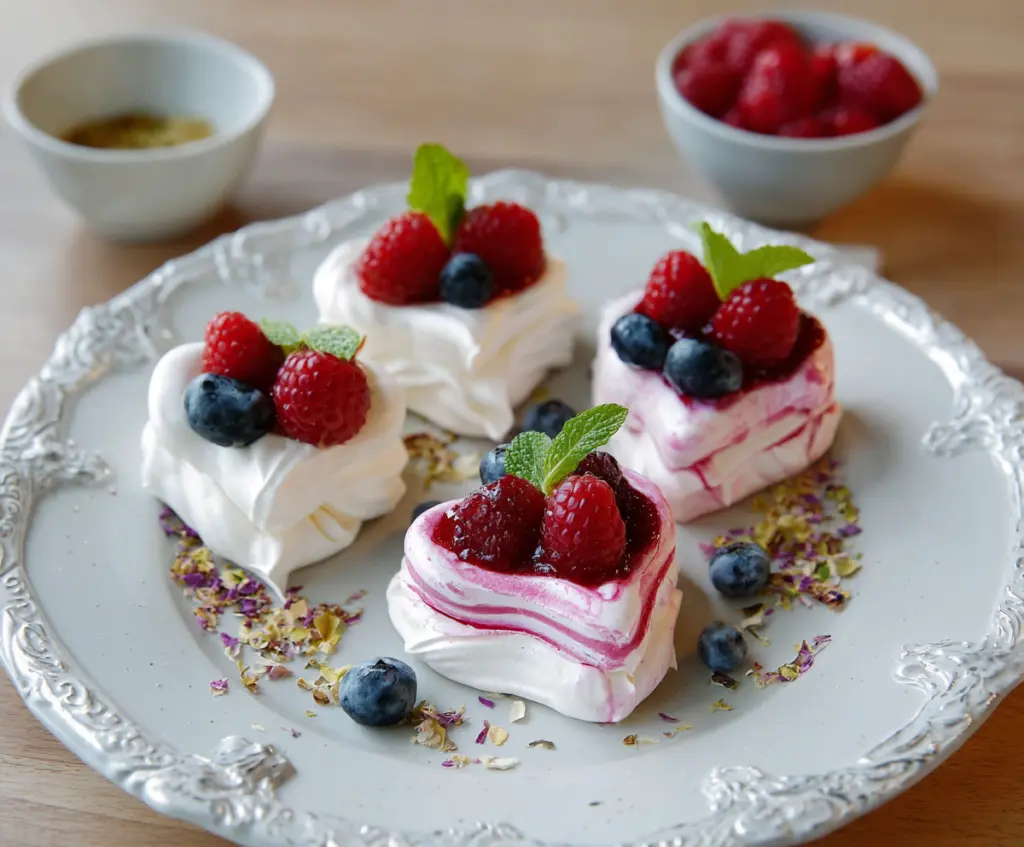 Delicious mini heart-shaped pavlovas topped with fresh berries and whipped cream.