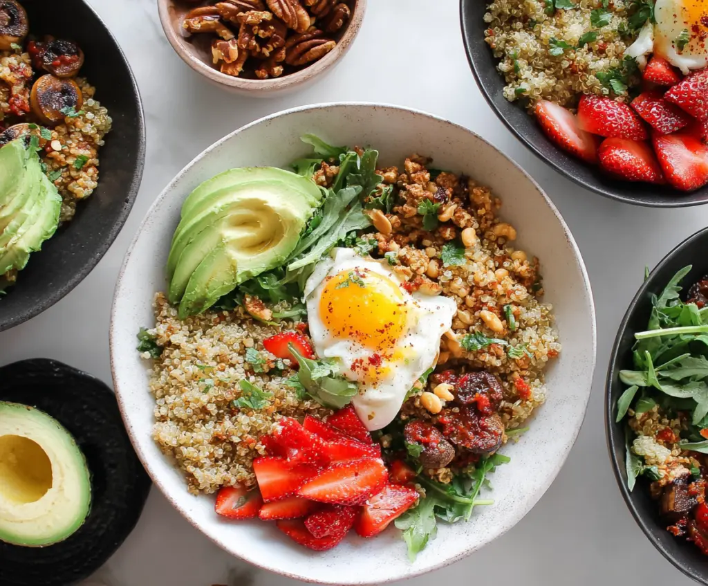 Healthy quinoa breakfast bowls topped with fresh fruits and nuts for a nutritious start to your day