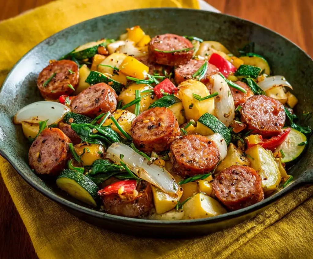 Delicious sausage and colorful veggie skillet served on a plate, perfect for a healthy dinner