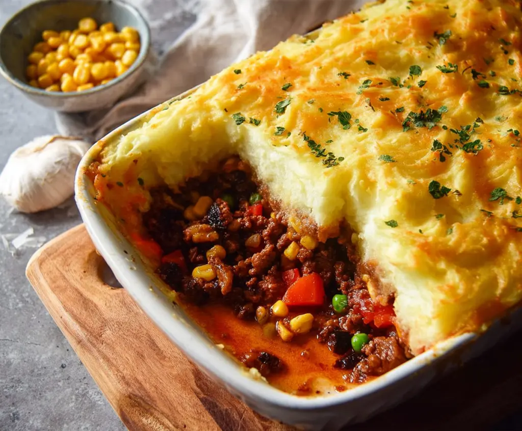 Delicious homemade Shepherd’s Pie with seasoned ground beef and mashed potatoes topping.