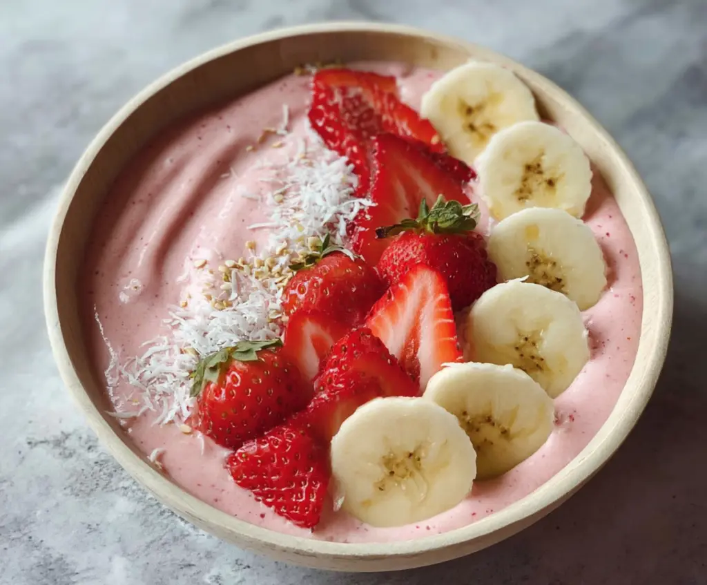 Delicious strawberry banana smoothie bowl topped with fresh fruit and granola, perfect for a healthy breakfast.