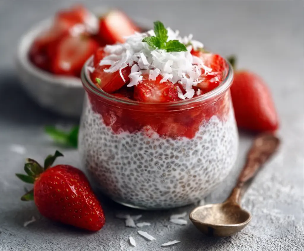 Delicious strawberry coconut chia pudding served in a glass bowl with fresh strawberries and shredded coconut on top.