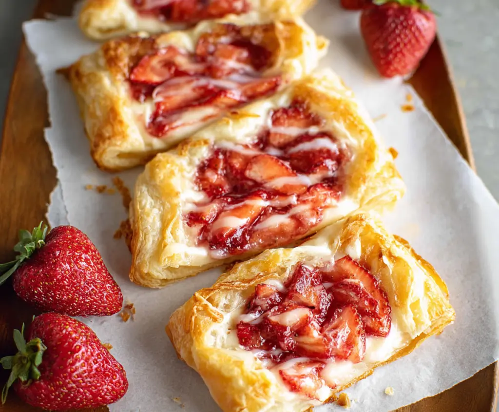 Delicious Strawberry Cream Cheese Danish pastry with fresh strawberries and creamy filling