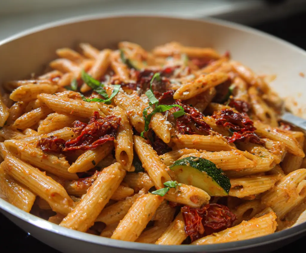 Delicious sun-dried tomato pasta dish served on a plate garnished with fresh herbs.