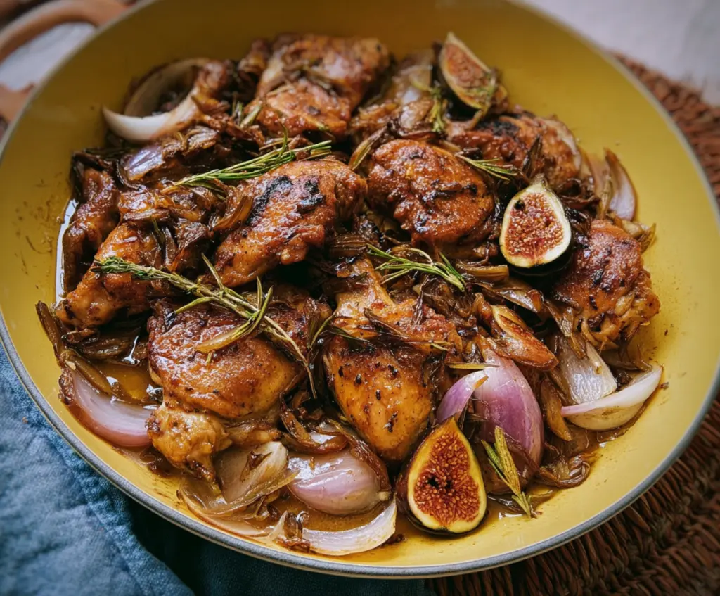 Delicious Vinegar Chicken with Fresh Figs on a rustic plate, garnished with herbs.
