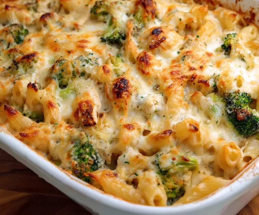 Delicious Chicken Broccoli Alfredo Bake in a casserole dish with melted cheese and fresh ingredients