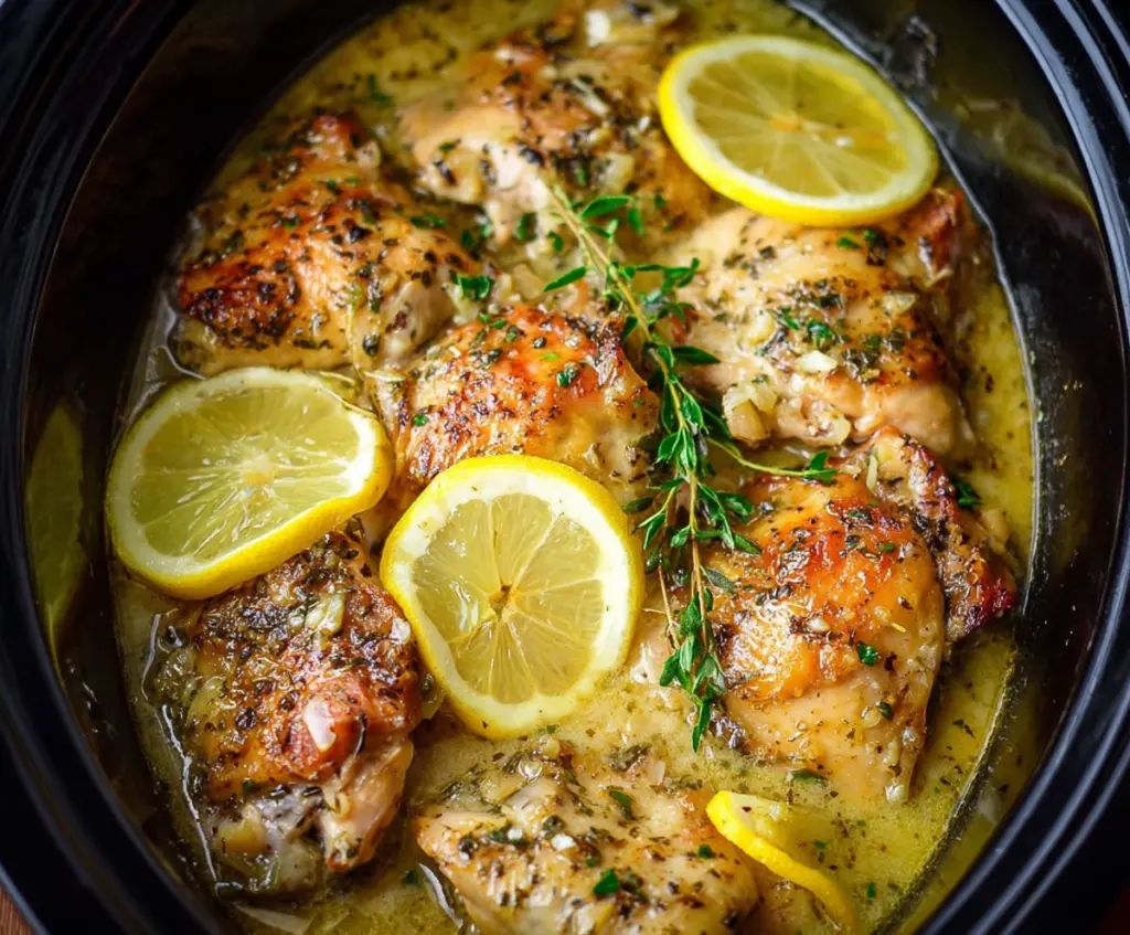Delicious crockpot chicken thighs topped with a flavorful lemon garlic sauce, perfect for a hearty dinner.