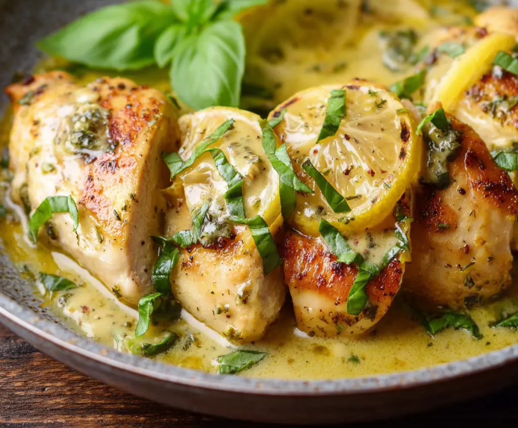 Juicy Lemon Basil Chicken served on a white plate with fresh herbs and lemon slices.