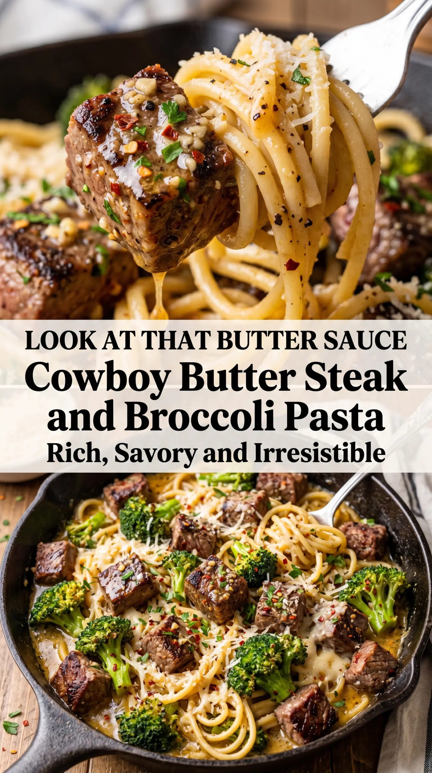 Cowboy Butter Steak and Broccoli Pasta steaky, garlicky, broccoli